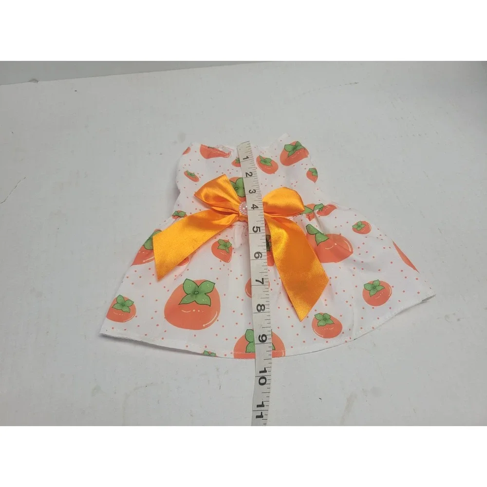 Small Pet Dress‎ Persimmon Fruit Print Orange Satin Bow White Polka Dot Size S